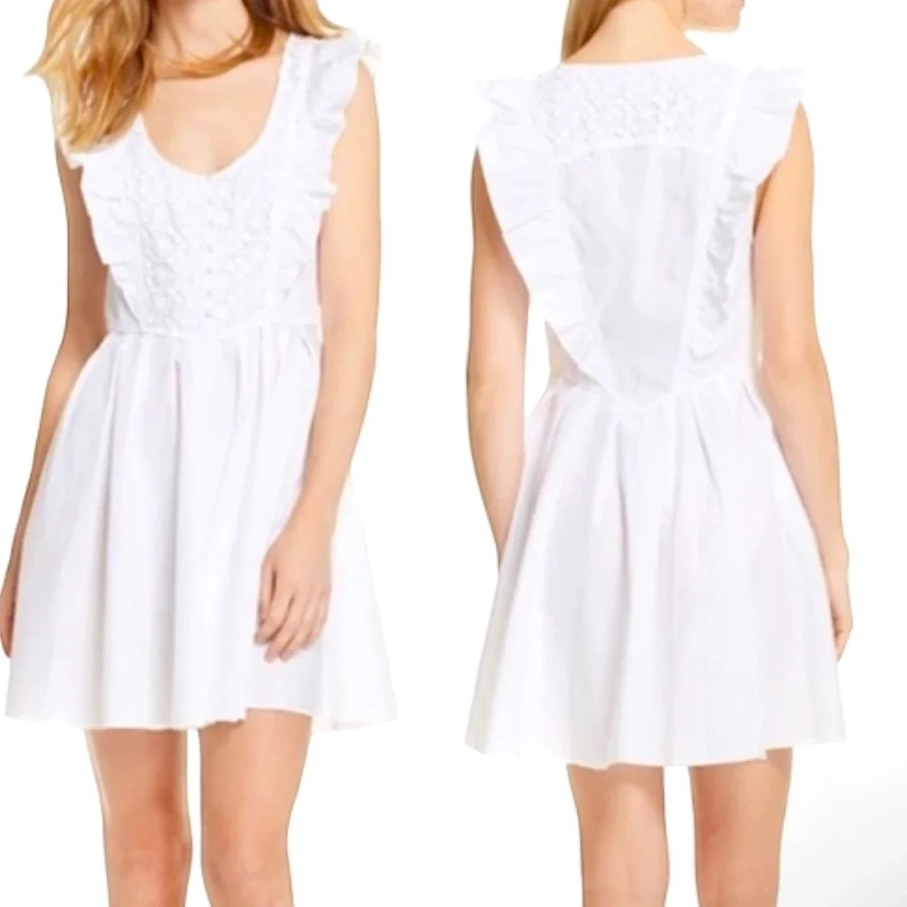 FREE PEOPLE Half Moon Mini Dress Eyelet Crochet Lace Ruffle Feminine Boho | Sz M - Picture 1 of 12